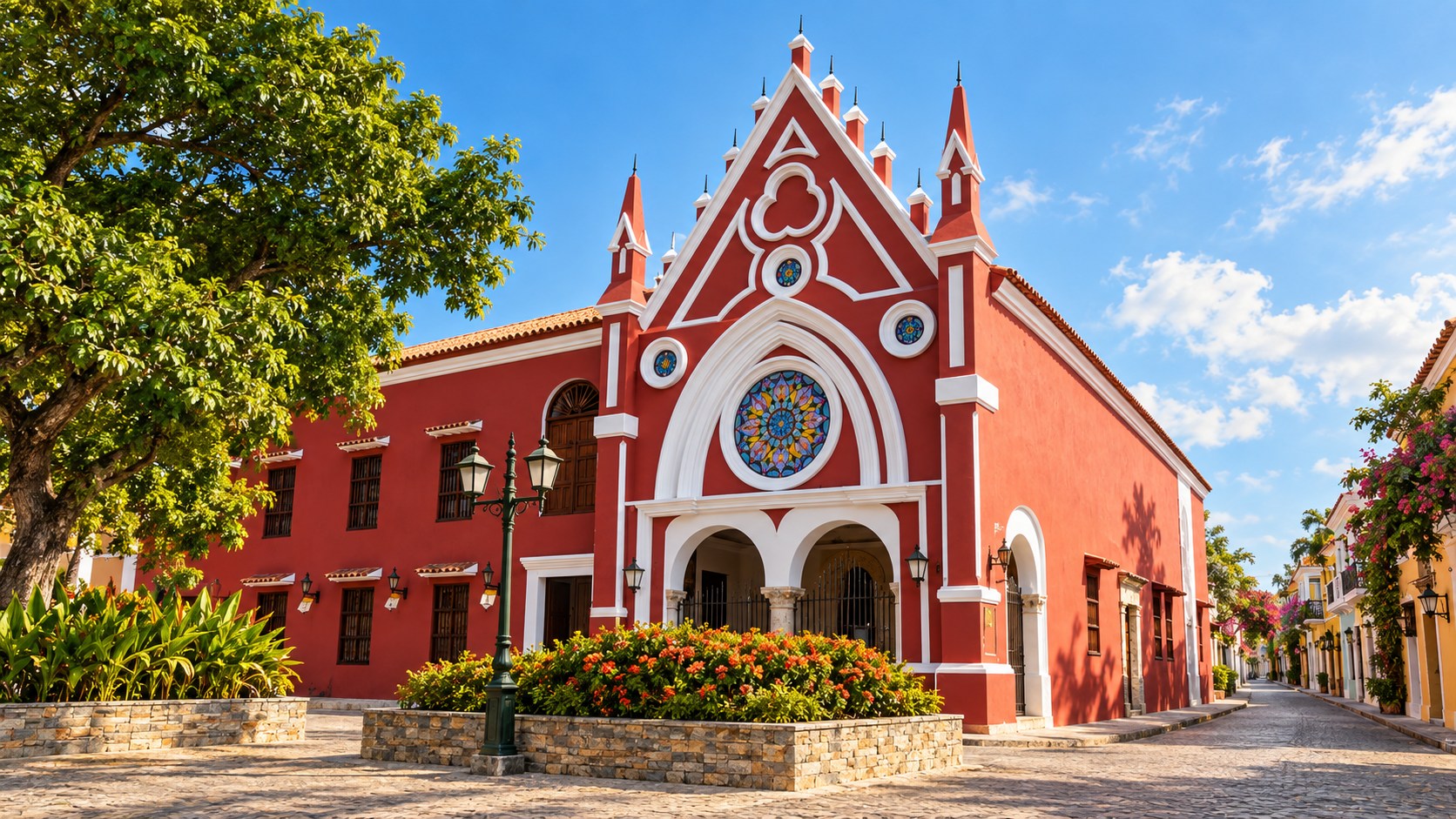 A red and white colonial church on a cobbled square inside Cartagena's walled city, flowering planters in front of its arched entrance and a lane of pastel houses running away beside it