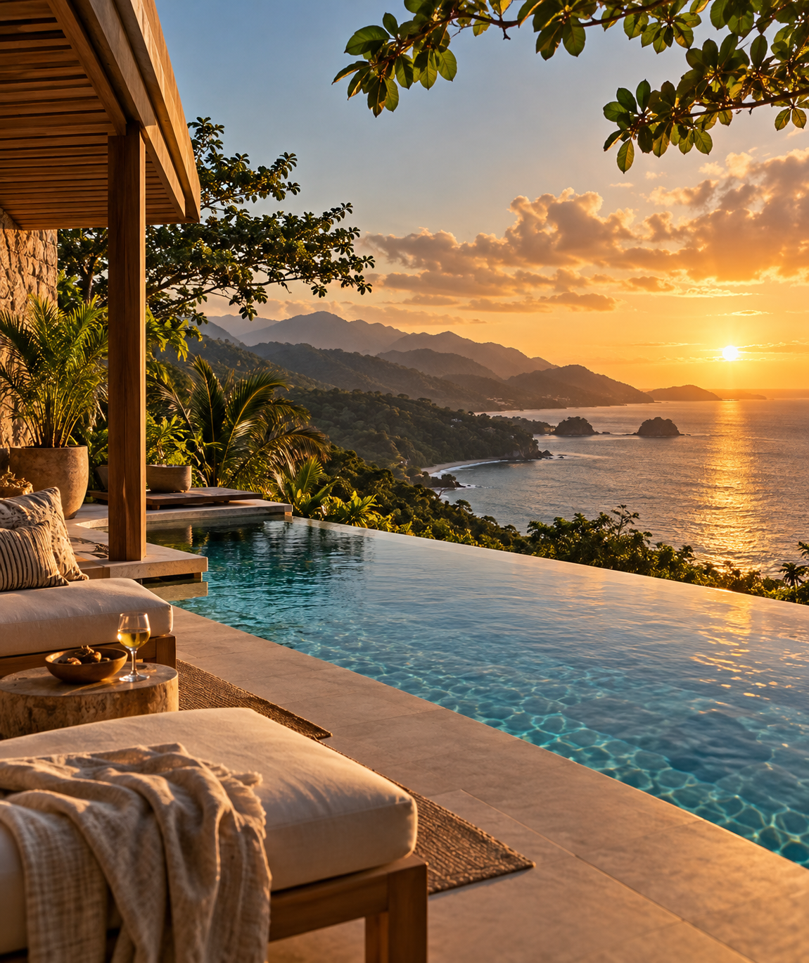 Illustrative resort terrace with infinity pool overlooking the sea at sunset